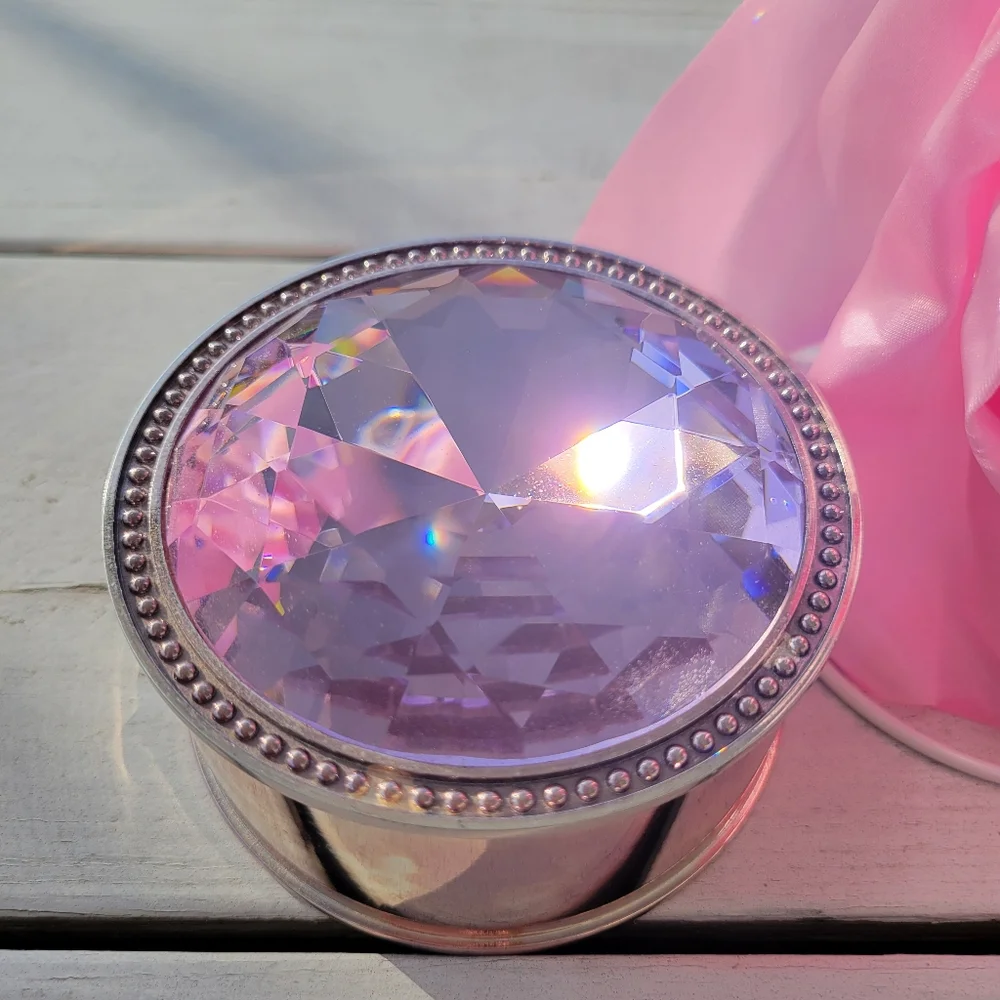 Pink Rhinestone Lidded Silver Safekeeper Jewelry Box  Pretty ~ GUC  Lori Greiner